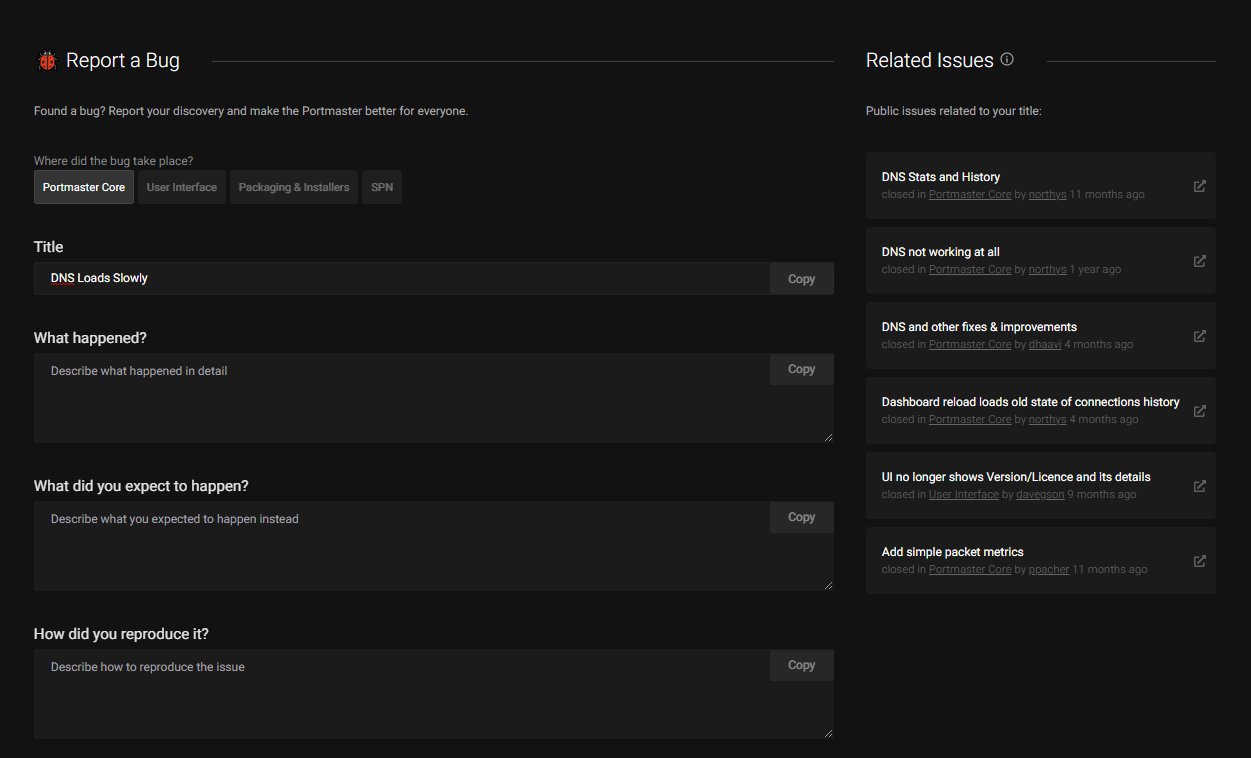 when reporting a bug, the portmaster searches through public issues locally and displays related issues