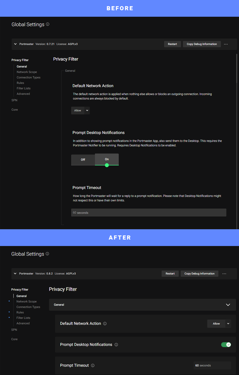 image displaying both the 0.7 and the 0.8 Portmaster user interface