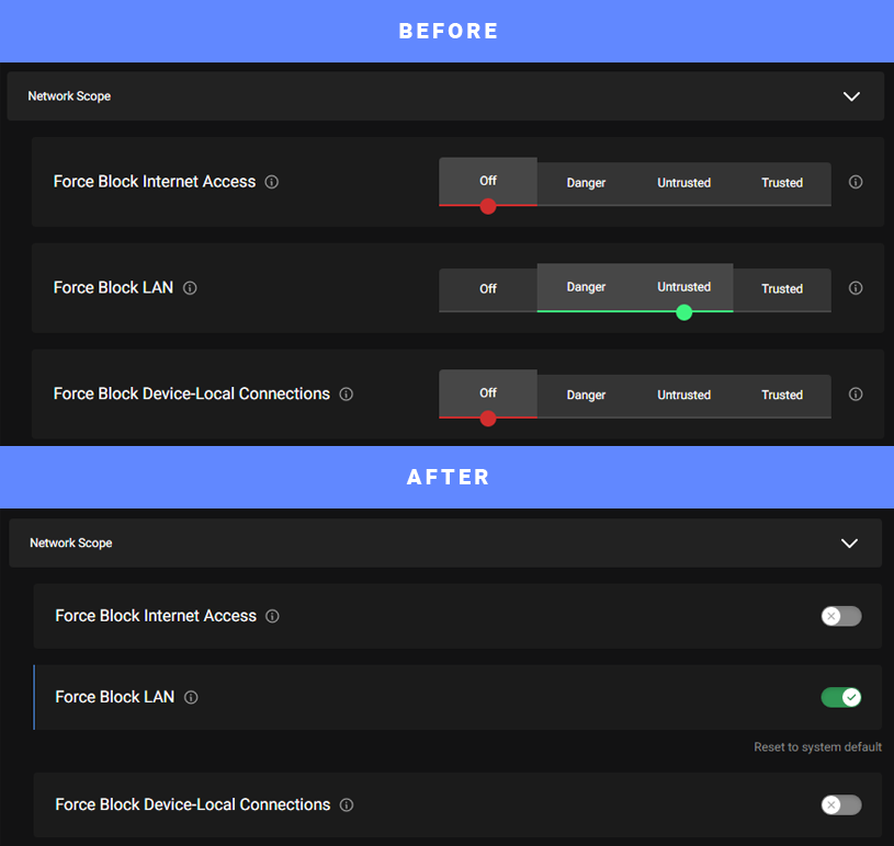 image displaying both the advanced network rating setting and the new simple toggle setting