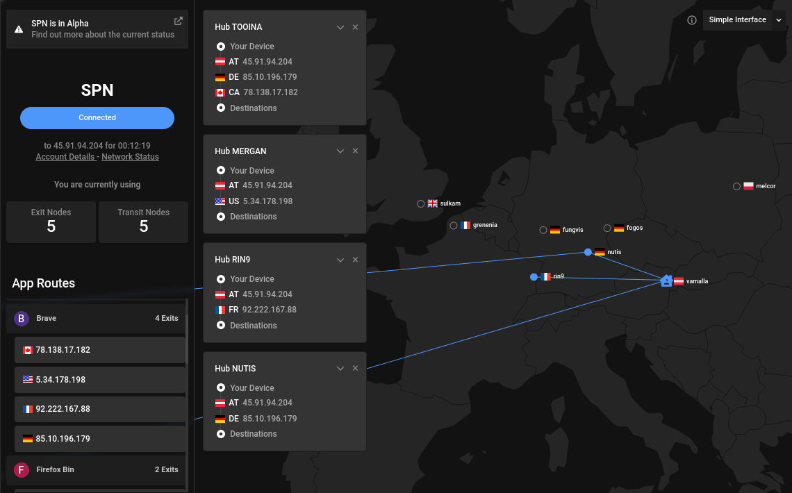 image displaying the v0.9 Portmaster user interface - spn geoip